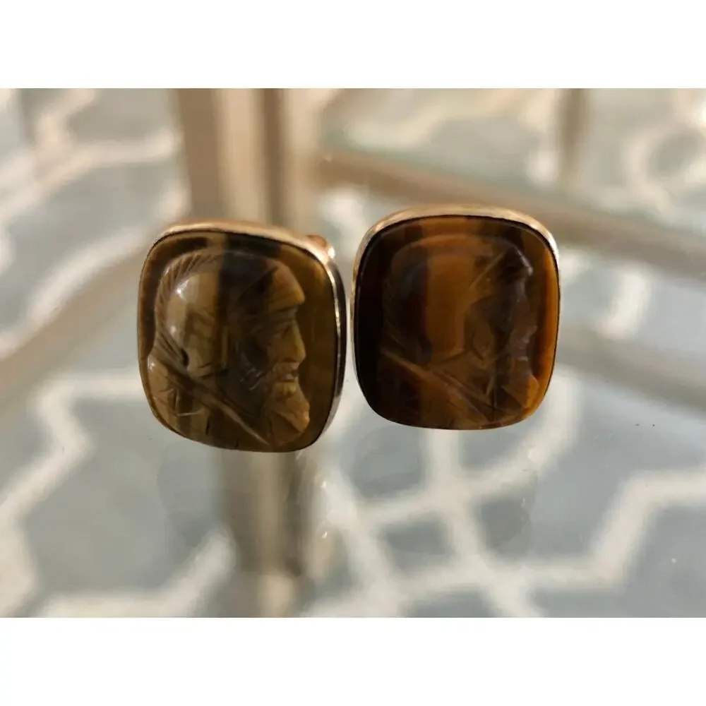 Vintage Lamode 10K Gold Filled, Carved Tigereye Brown Stone Warrior Cufflinks